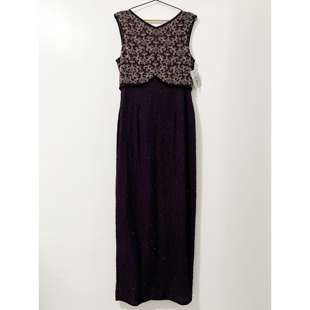 Camille Marie Silk Beaded Maxi Dress Plum Purple Gold Fleur-de-lis Gown Size M